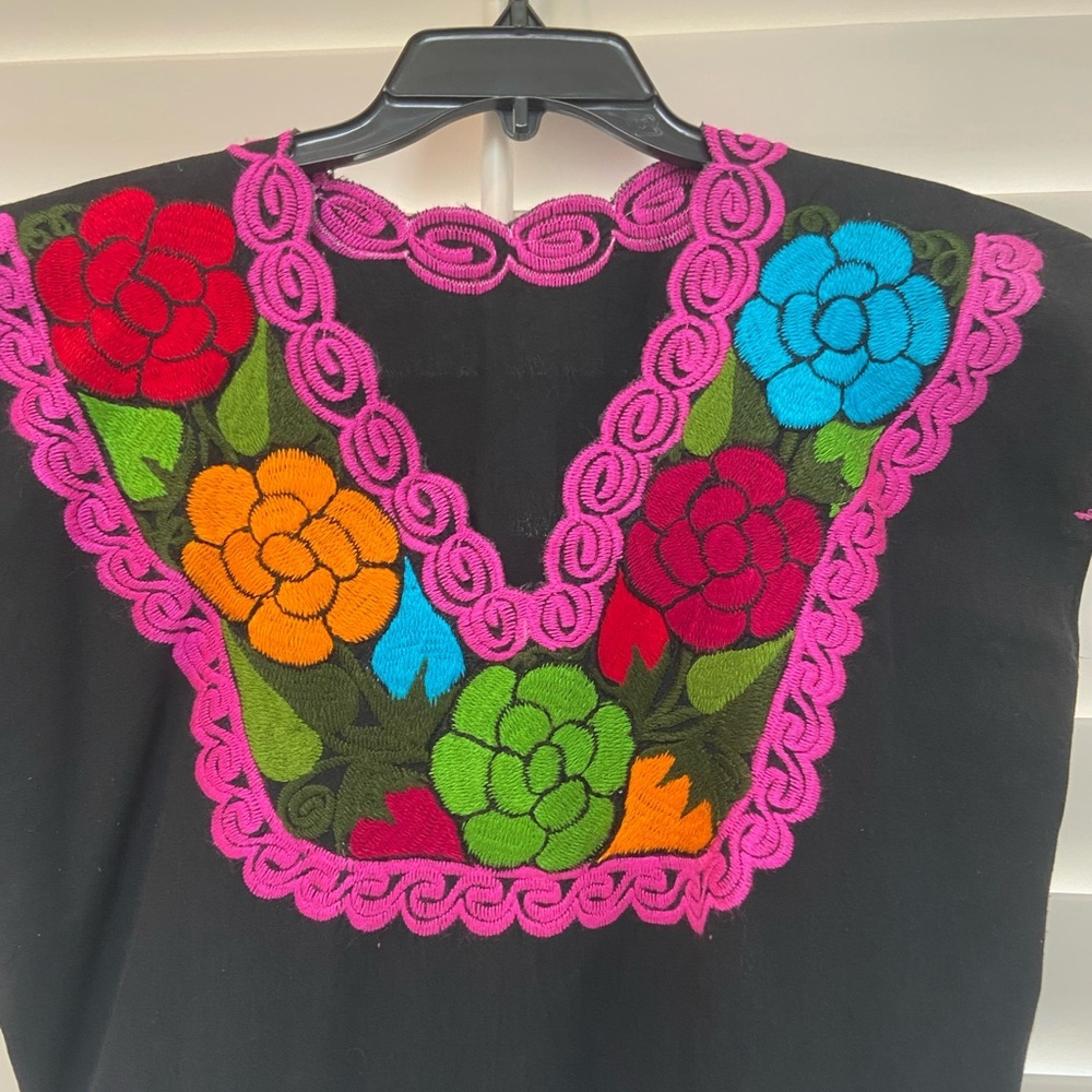 Colorful Embroidered Black Tunic Tank Made in Mexico Patchwork Embroidered - Picture 5 of 7